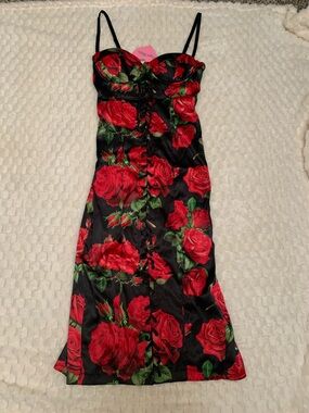 Dolls Kill Sugar Thrillz Black Slip Midi Dress with Red Rose Print, Size XXS